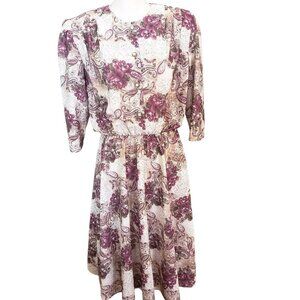 Vtg floral paisley dress midi button front size medium purple cream flowy 80s